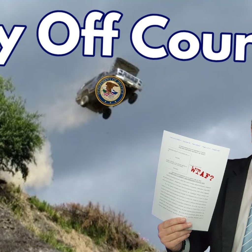 A man in a suit holds a document labeled "WHAT?" while a car with an official seal flies off a cliff in the background. Large text reads "Way Off Course." The WK logo is in the bottom left corner.