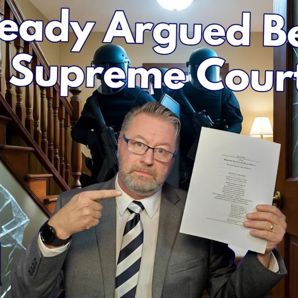 A man in glasses and a suit points to a document he is holding. Behind him, two officers in tactical gear stand on a staircase. Large text reads, "Already Argued Before the Supreme Court.