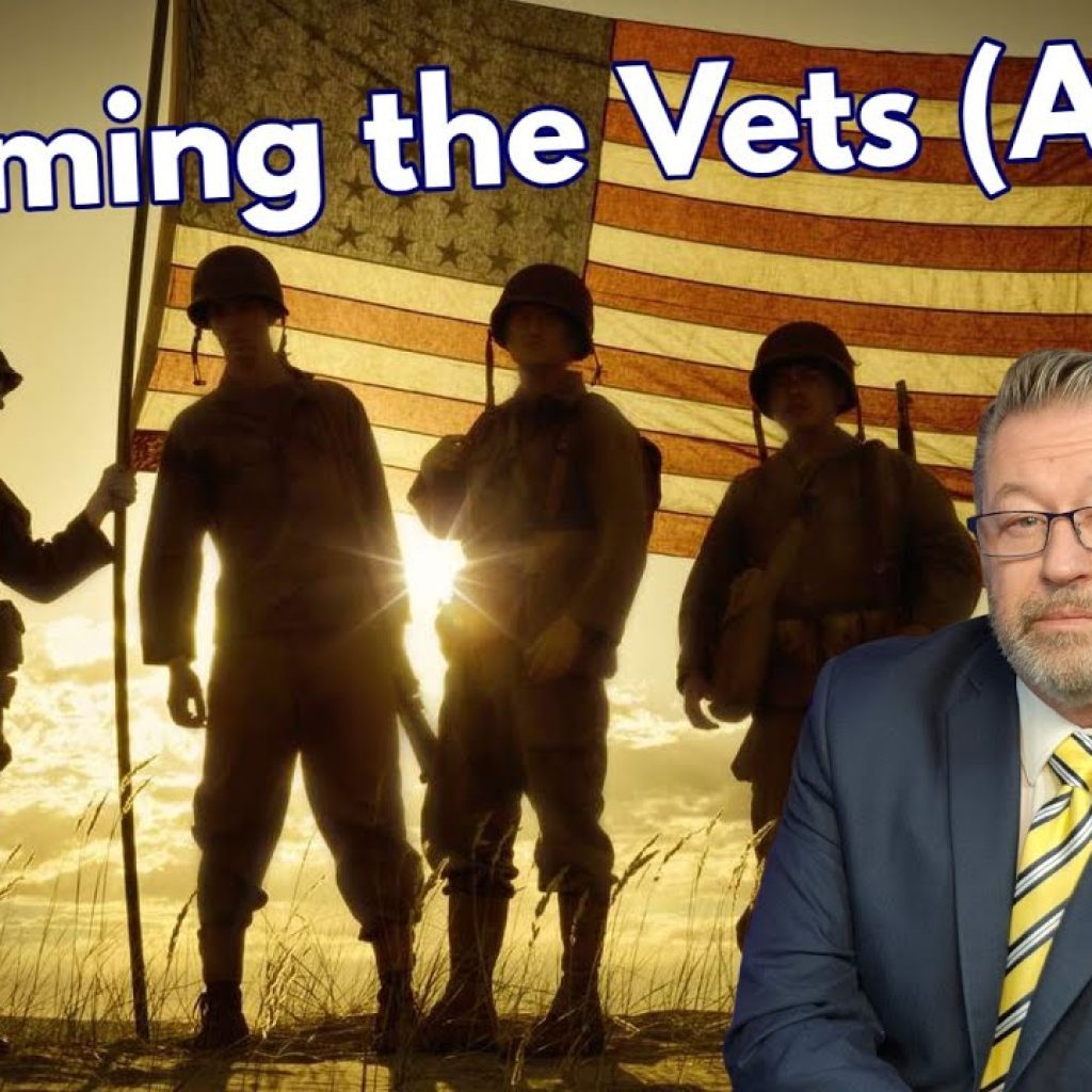 A group of soldiers stands in front of a large American flag at sunset. In the foreground, a man in a suit and glasses looks serious. Text reads: “Disarming the Vets (Again).” WYK logo appears in the corner.