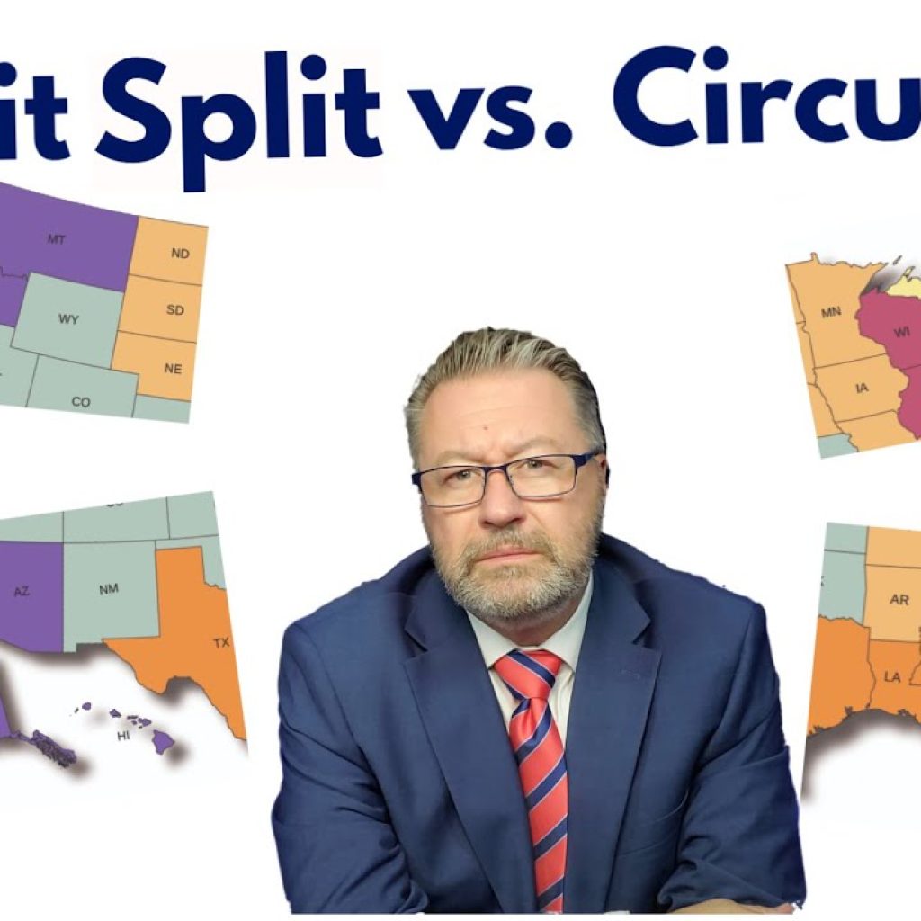A man in a blue suit sits in front of five colorful U.S. circuit court maps. The text above reads "Circuit Split vs. Circuit" followed by a poop emoji. The WK logo is in the lower left corner.