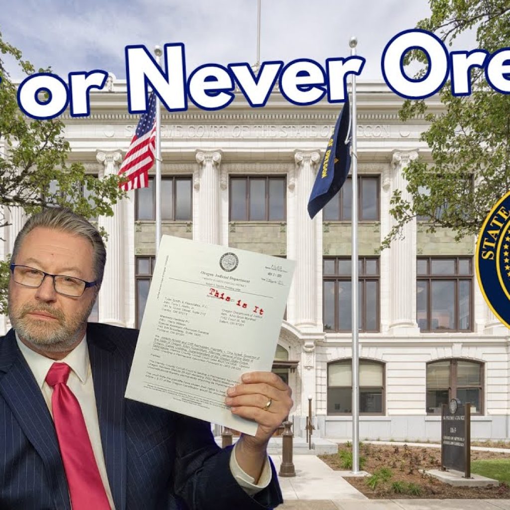 A man in a suit holds up a document in front of a large building with flags. Text reads “Now or Never Oregon,” and the Oregon state seal is displayed on the right side. Trees frame the scene.