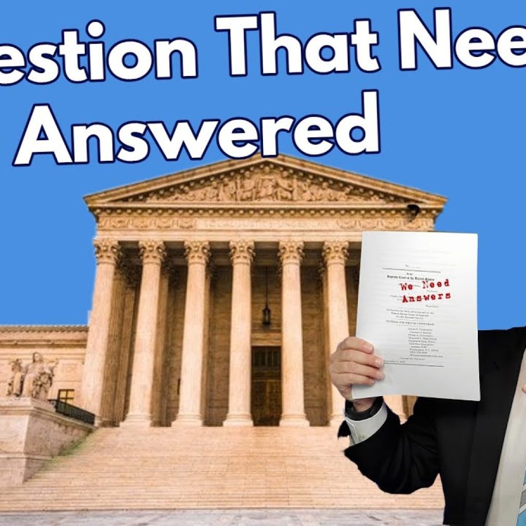 A man in a suit points to a sheet of paper with red text, standing in front of a photo of the U.S. Supreme Court building. Bold text at the top reads, “A Question That Needs To Be Answered.”.
