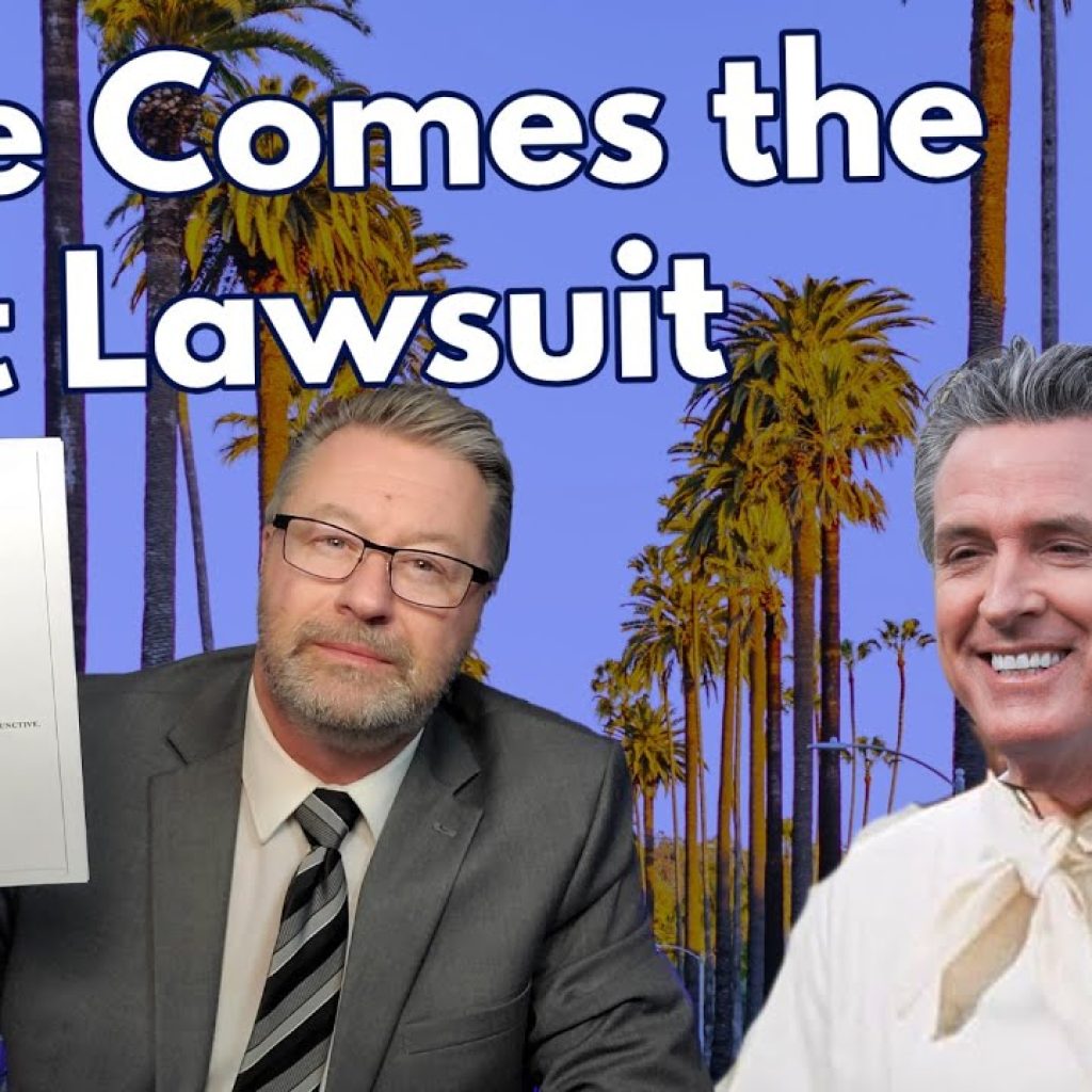 A man in a suit holds up legal documents next to an edited image of another man in white with text saying “No Glocks For You!!!” The background shows palm trees and the headline reads, "Here Comes the First Lawsuit.