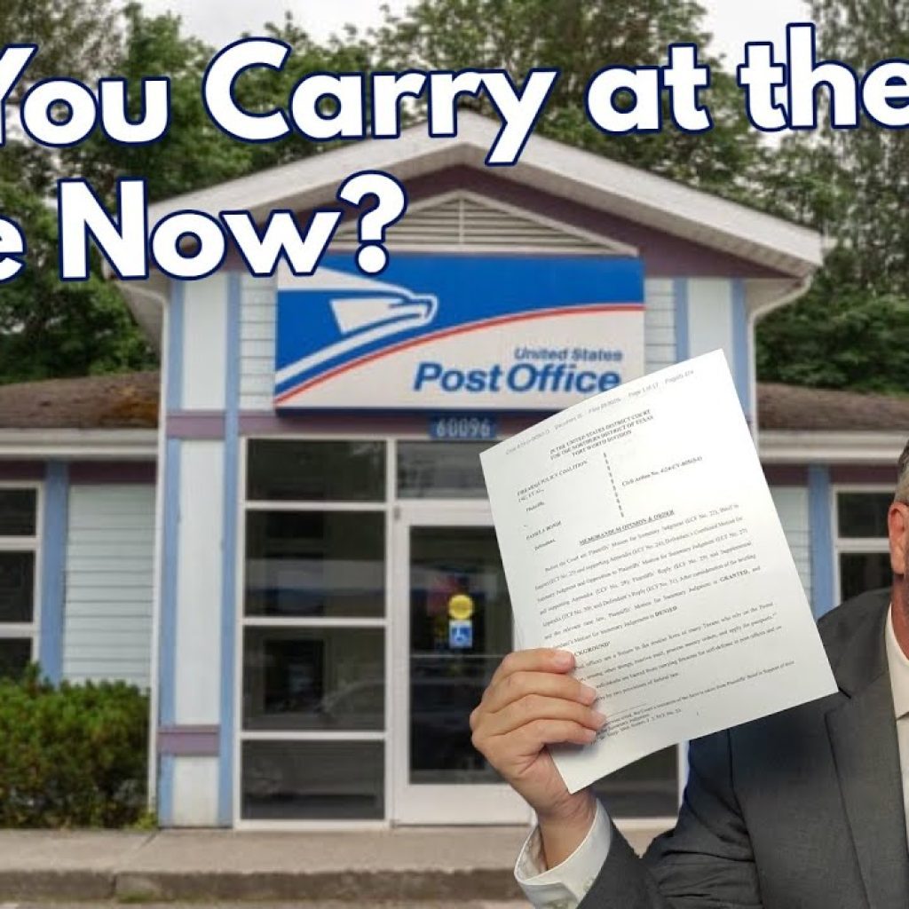A man in a suit holds up a document in front of a United States Post Office. Large text asks, "Can You Carry at the Post Office Now?" The WK logo appears in the bottom left corner.