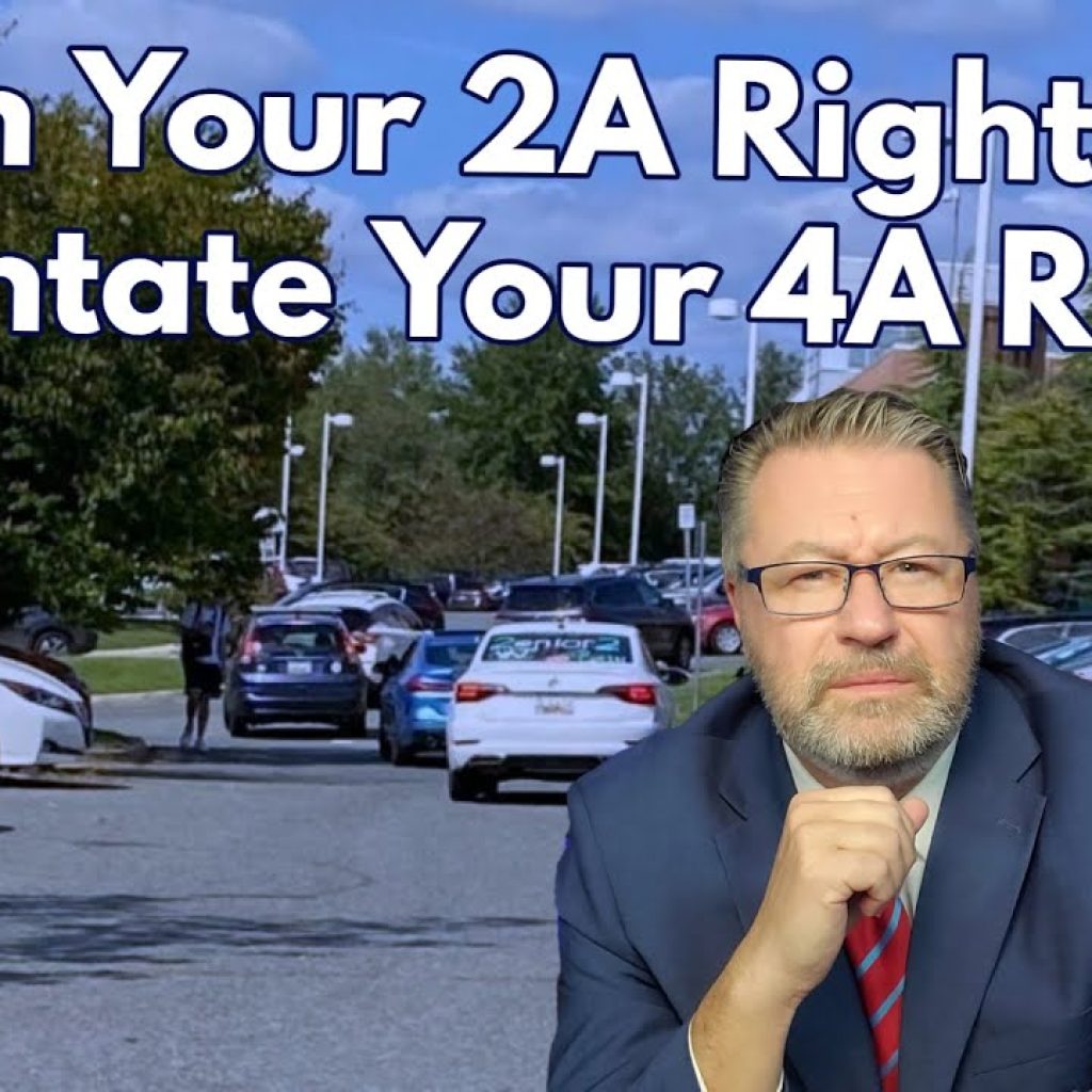 A serious-looking man in a suit sits in front of a busy school parking lot. Large text reads, "When Your 2A Rights Eliminate Your 4A Rights." A small WK logo appears in the bottom left corner.
