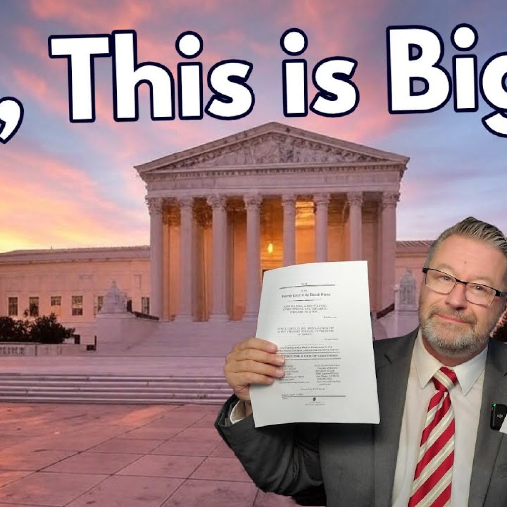 A man in a suit and red striped tie holds legal documents in front of the U.S. Supreme Court building at sunset. Large text reads, "OK, This is Big." The image includes a WK logo in the corner.