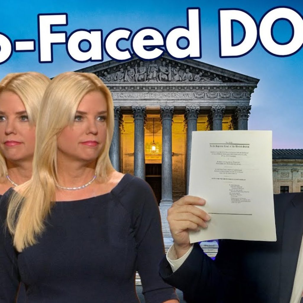Three people in front of the Supreme Court; two women, one digitally duplicated to appear two-faced, and a man in a suit holding up a document. Large text above reads “Two-Faced DOJ?”.