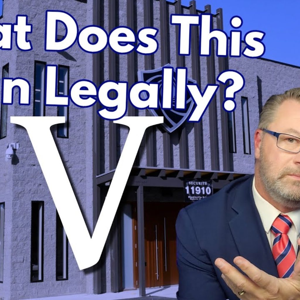 A man in a suit sits in front of a modern building, gesturing with his hands. Large text above him reads, "What Does This Mean Legally?" A prominent letter "V" is shown, and the logo "WK" appears in the corner.