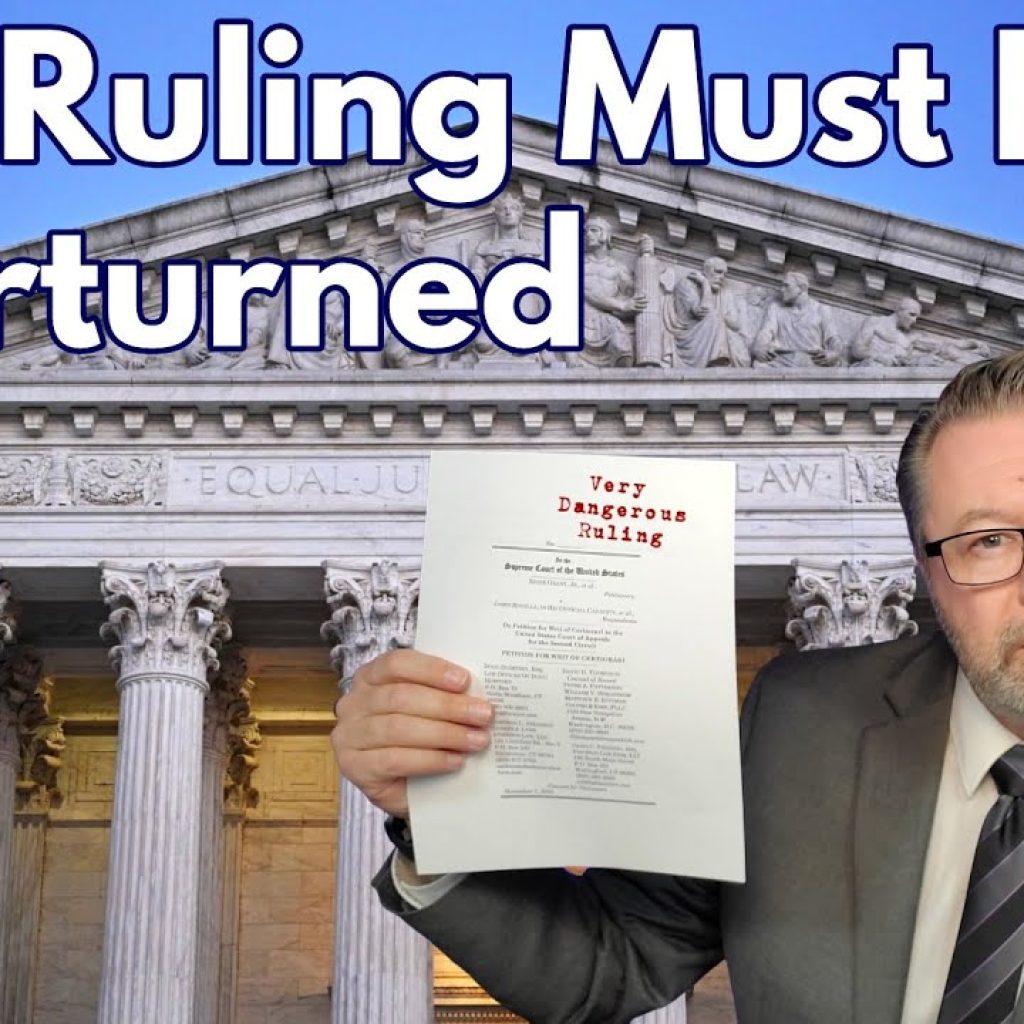 A man in a suit and glasses holds up a document labeled "Very Dangerous Ruling" in front of the U.S. Supreme Court building. Large text above reads, "This Ruling Must Be Overturned.