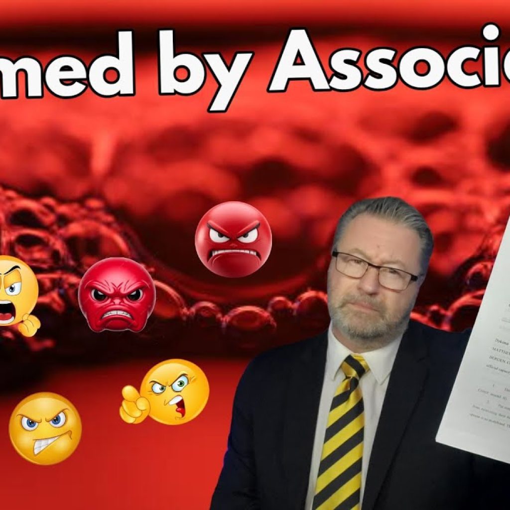 A man in a suit and yellow-striped tie holds up a document. Behind him, large text reads "Diarmed by Association" on a red background with angry face emojis. The WK logo is in the bottom left corner.