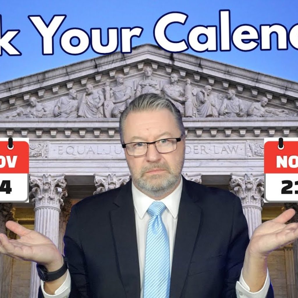 A man in a suit shrugs in front of the US Supreme Court building. Above him, text reads "Mark Your Calendars," with two calendar icons showing November 14 and November 21.