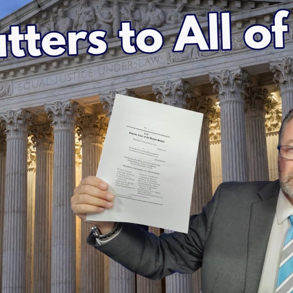 A man in a suit and glasses holds up a document in front of a courthouse building. Large text at the top reads, "It Matters to All of You." A logo with "WK" is in the bottom left corner.