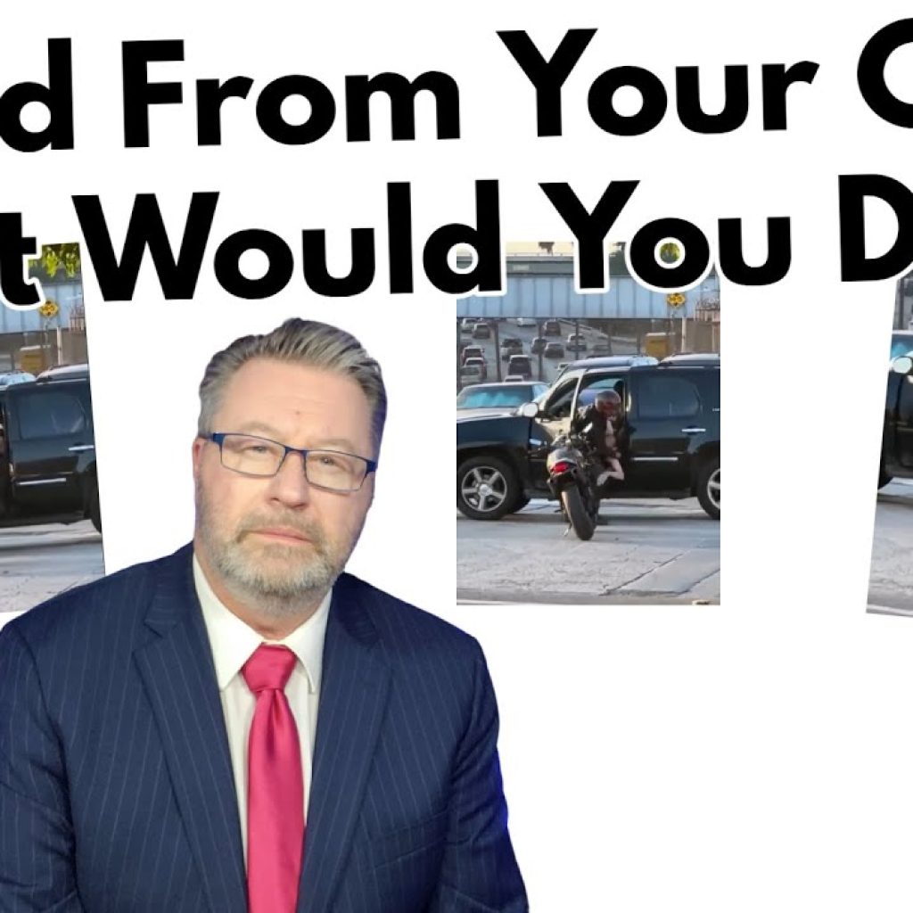 A man in a suit and glasses sits in front of three images showing a person getting pulled from their car, with large text above reading, "Pulled From Your Car. What Would You Do?" and a WK logo in the corner.
