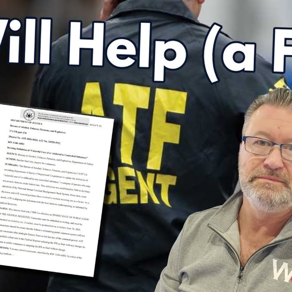 A man in glasses and a gray "WK" shirt sits in front of a blurred background showing an ATF agent's back. Large text reads "It Will Help (a Few)" above an official document and the WK logo.