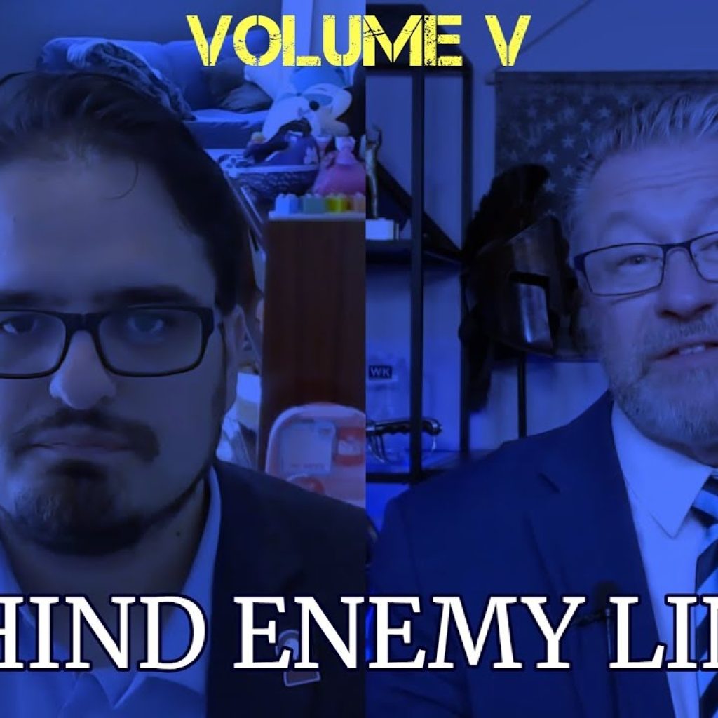 Two men in suits appear in split screen with a blue filter. The text "VOLUME V" is at the top, and "BEHIND ENEMY LINES" is at the bottom. One man wears glasses; the other sits in front of a U.S. flag.