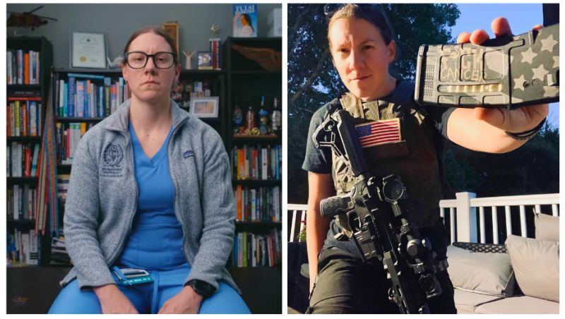 A split image: on the left, a woman in scrubs and glasses sits indoors with bookshelves behind her; on the right, she wears tactical gear outdoors, holding up a vest patch labeled "CHALLENGE.
