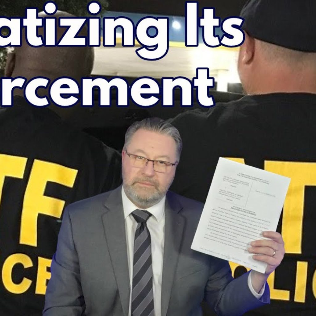 Two people wearing jackets labeled “ATF POLICE” stand with their backs to the camera. In front, a man in a suit holds up a document. The text above reads, “Privatizing Its Enforcement.”.