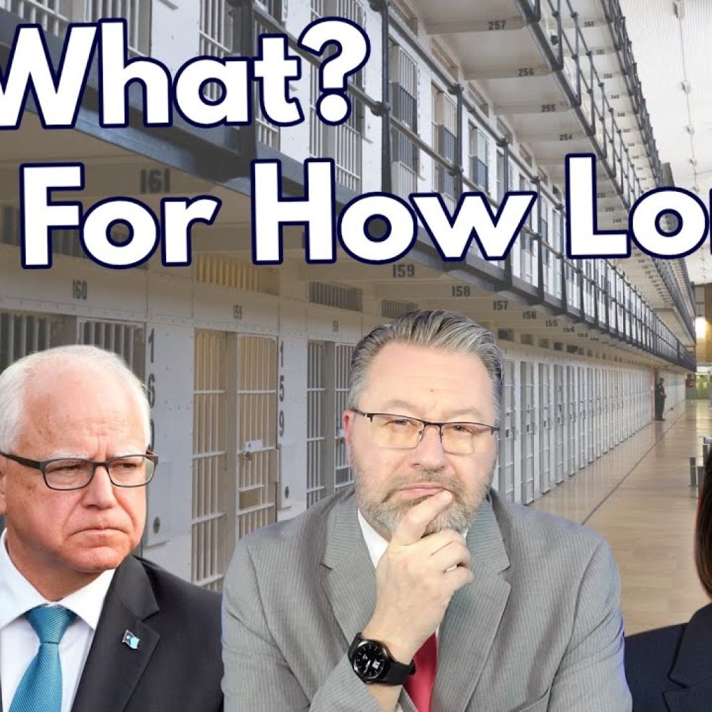 Three people in business attire are pictured in front of a prison cell block background. Overlaid text reads, "For What? And For How Long?". The WK logo appears in the bottom left corner.