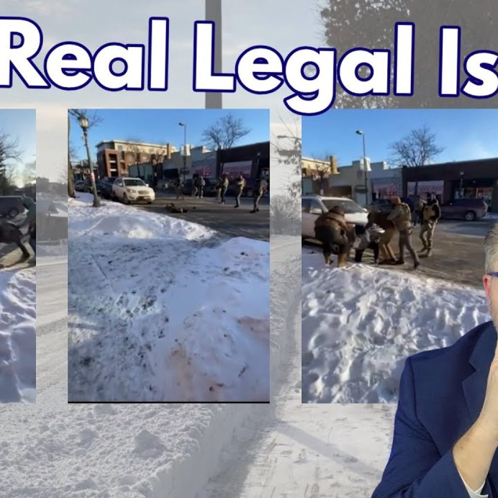 A collage with three photos of a police incident on a snowy street, text reading "The Real Legal Issue," and a man in a suit and glasses sitting thoughtfully in the bottom right corner.