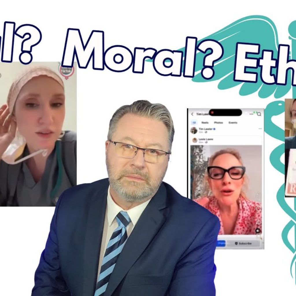 A man in a suit sits in front of images of healthcare workers, with large text above reading "Legal? Moral? Ethical?" and a medical symbol in the background. A WK logo with a state outline appears in the corner.