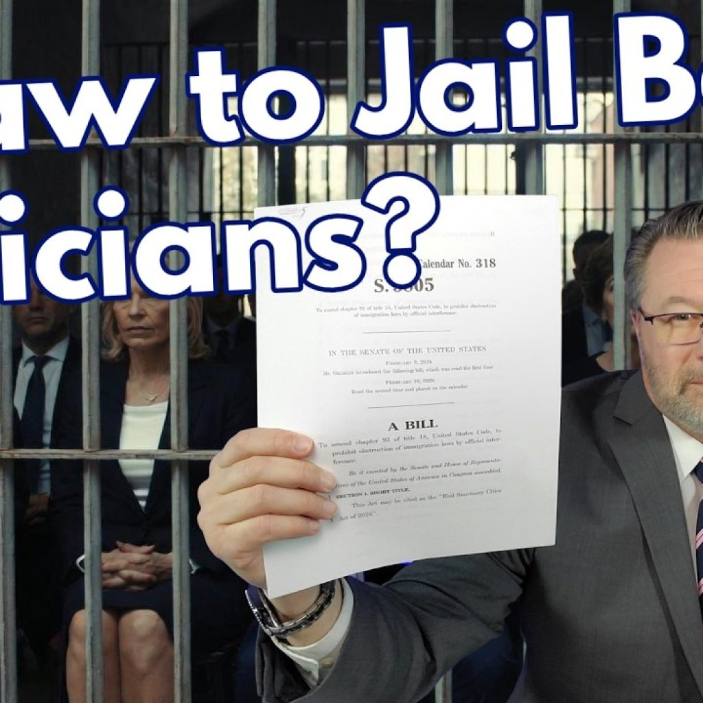 A man in a suit holds up a document labeled "A BILL" in front of people sitting behind jail bars. Large text reads, "A Law to Jail Bad Politicians?.