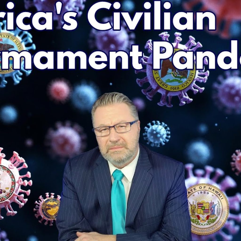 A man in a suit sits with a serious expression in front of a background of illustrated virus particles featuring U.S. state seals. Text reads, "America's Civilian Disarmament Pandemic." YouTube Live Stream logo is shown.