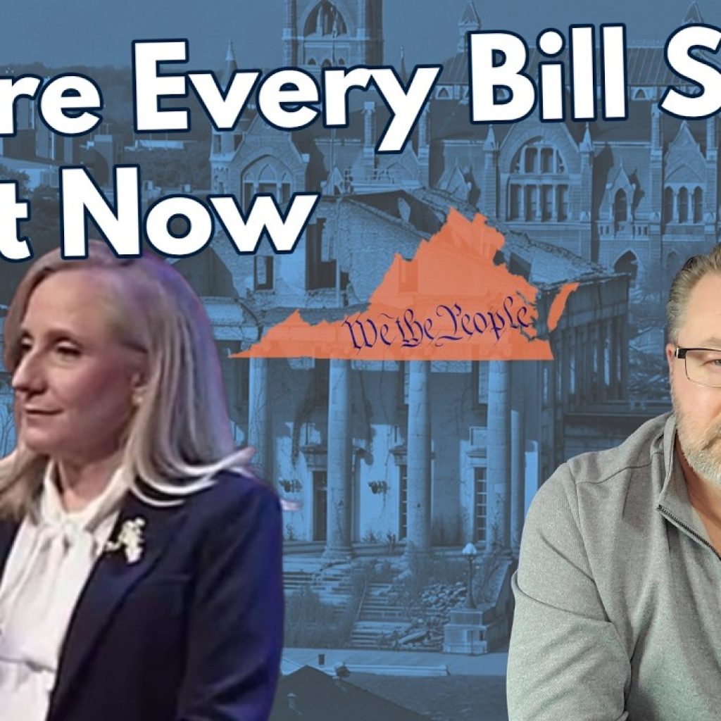 A woman in a suit and a man in glasses and a "WK" sweatshirt are in front of a blue background with Virginia’s outline, text reading "Where Every Bill Sits Right Now," and an image of the U.S. Constitution.