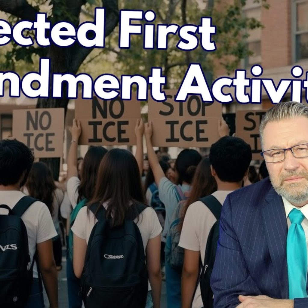 A group of students with backpacks hold "NO ICE" signs in protest outdoors. Large text reads, "Protected First Amendment Activity?" A man in a suit with glasses appears in the bottom right corner, looking serious.