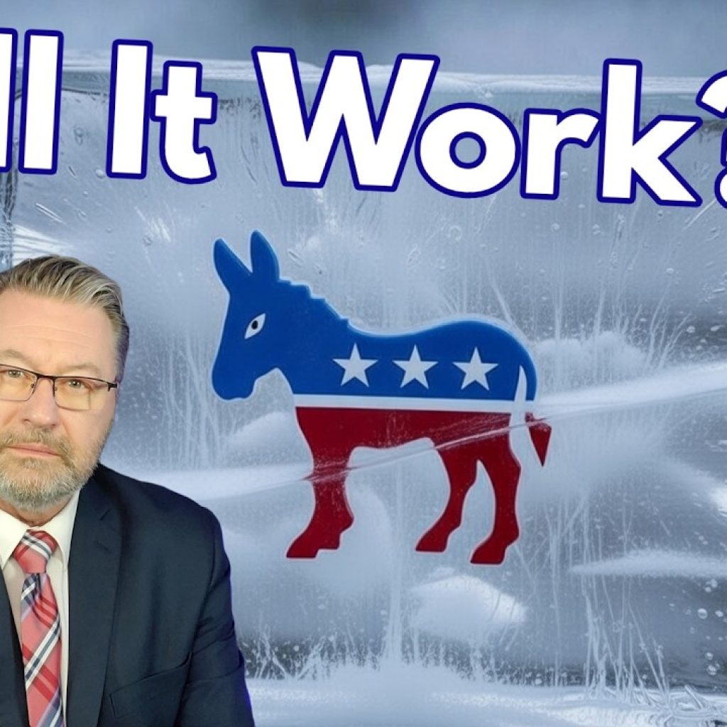 A man in a suit sits in front of an ice block with the Democratic donkey symbol inside. Above him, bold text reads "Will It Work?" on a blurred, icy background.