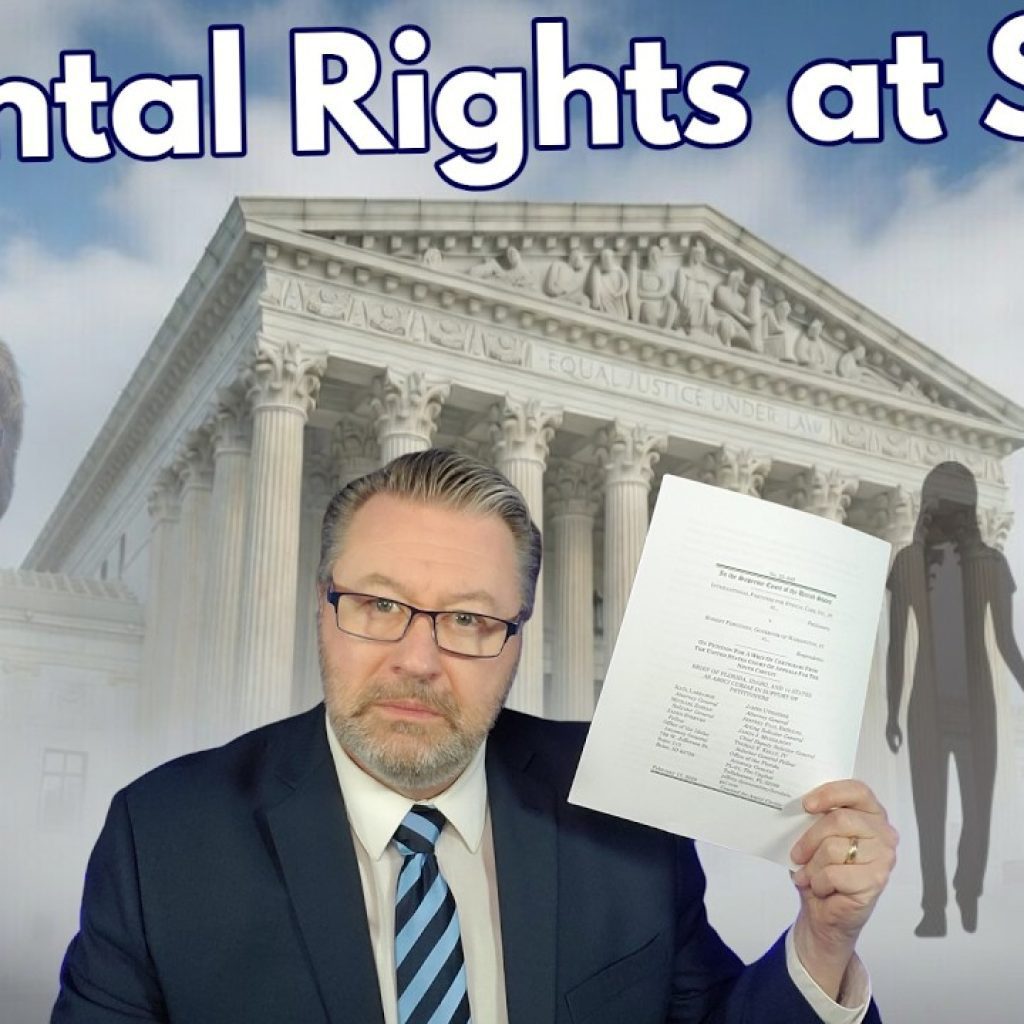 A man in a suit and striped tie holds up a document in front of a courthouse, with "Parental Rights at Stake" written at the top. Faded images of a man, courthouse, and a family are in the background.