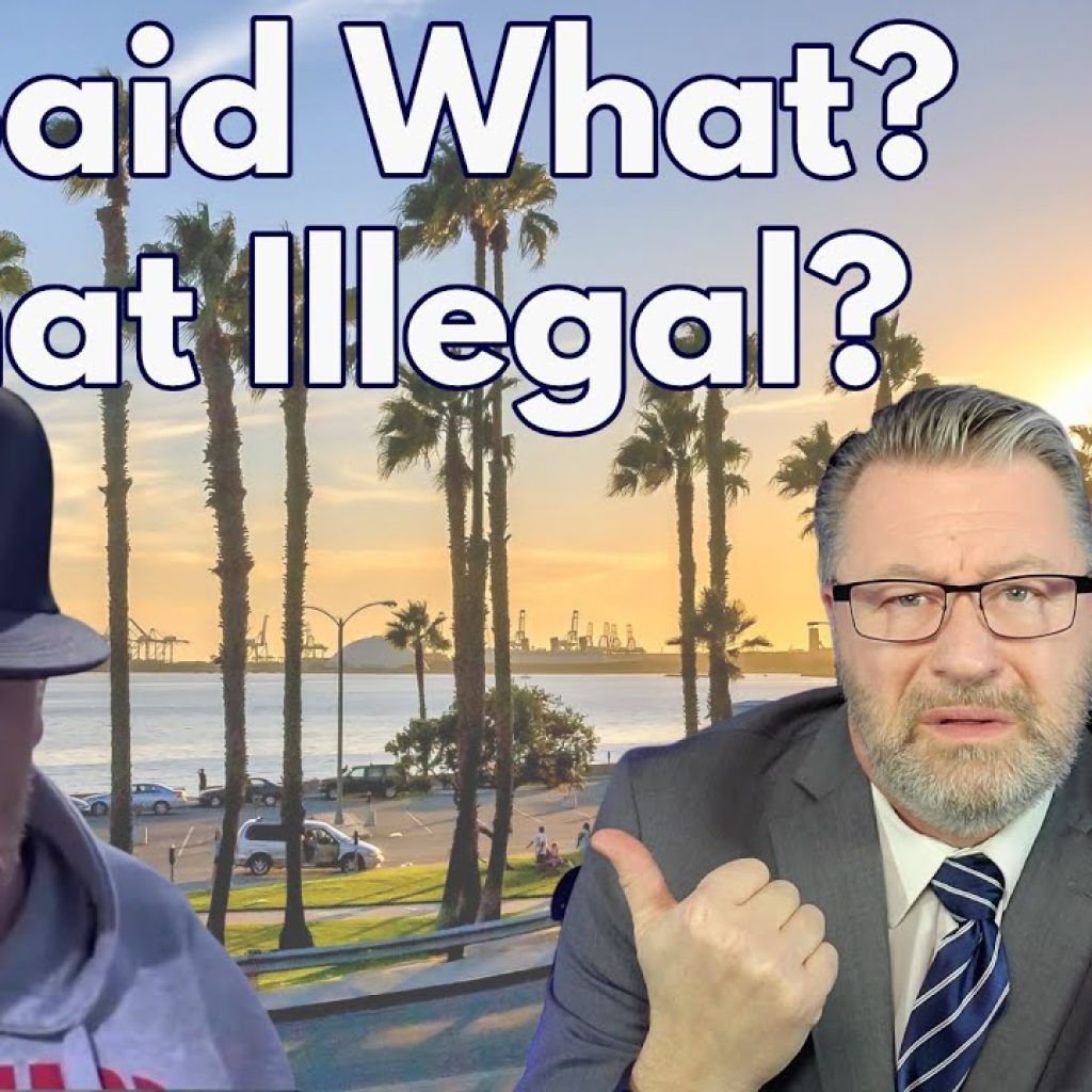 Two men are in front of a scenic beach sunset with palm trees. The man on the left wears a cap and hoodie, while the man on the right, in a suit, looks concerned and points left. Large text reads, "He Said What? Is That Illegal?.