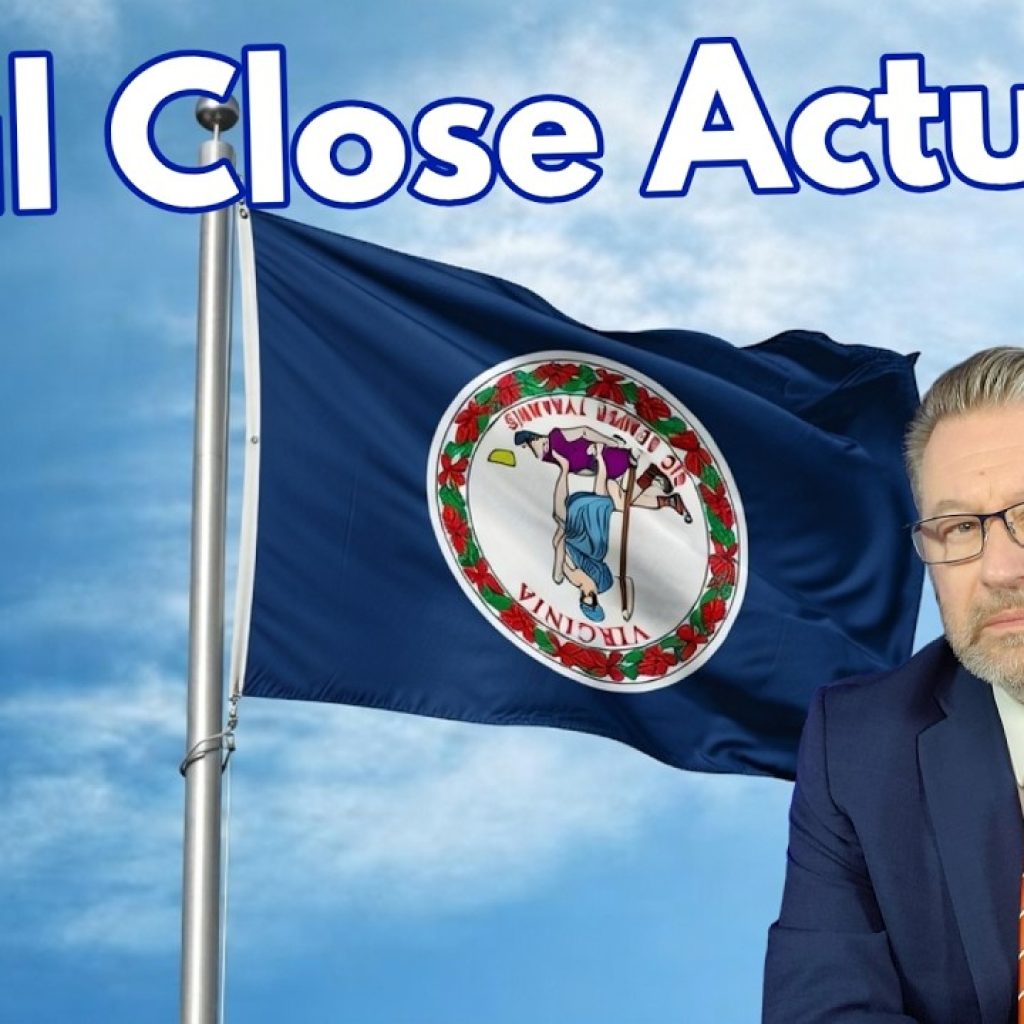 A man in a suit and orange tie sits in front of a waving Virginia state flag, with the words "Real Close Actually" in bold blue letters at the top. The bottom left corner displays the initials "WK" over a Washington state silhouette.