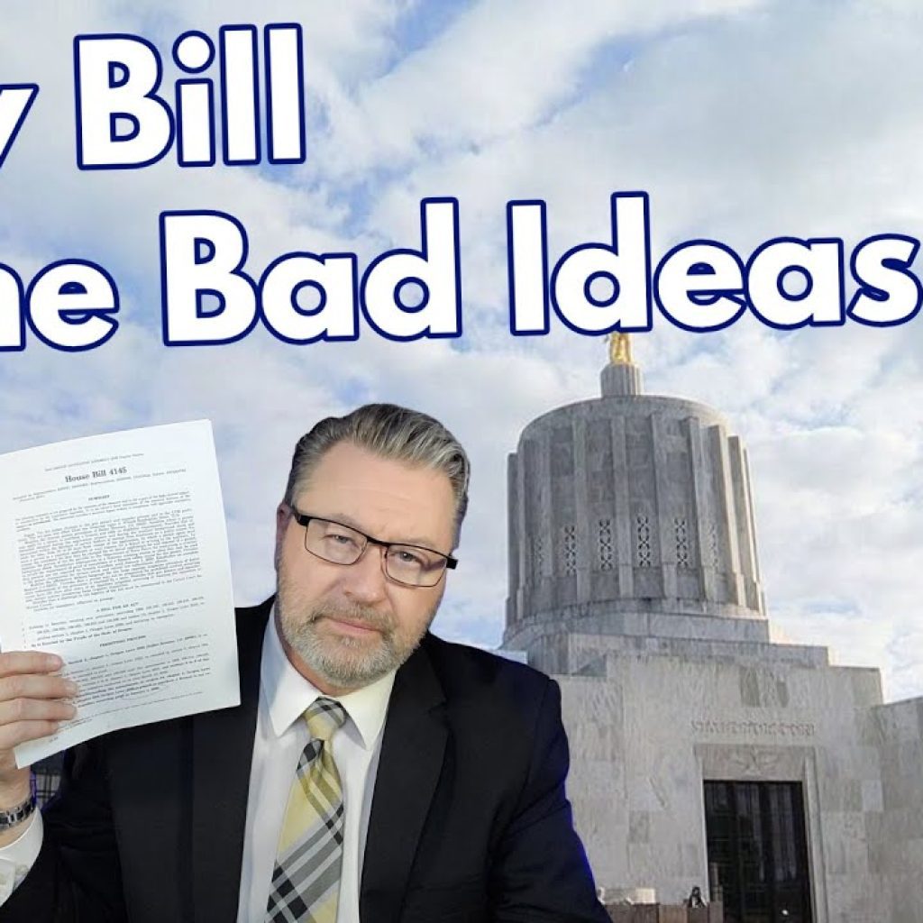 A man in a suit holds up a document in front of a government building with a dome. Large text reads “New Bill Same Bad Ideas.” The sky is partly cloudy. The lower left shows a logo with the letters "WK" and an outline of a state.