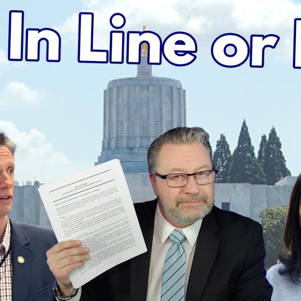 Three people stand in front of a government building; one man holds up a document. Bold text at the top reads "Get In Line or Else." The WK logo appears in the bottom left corner.