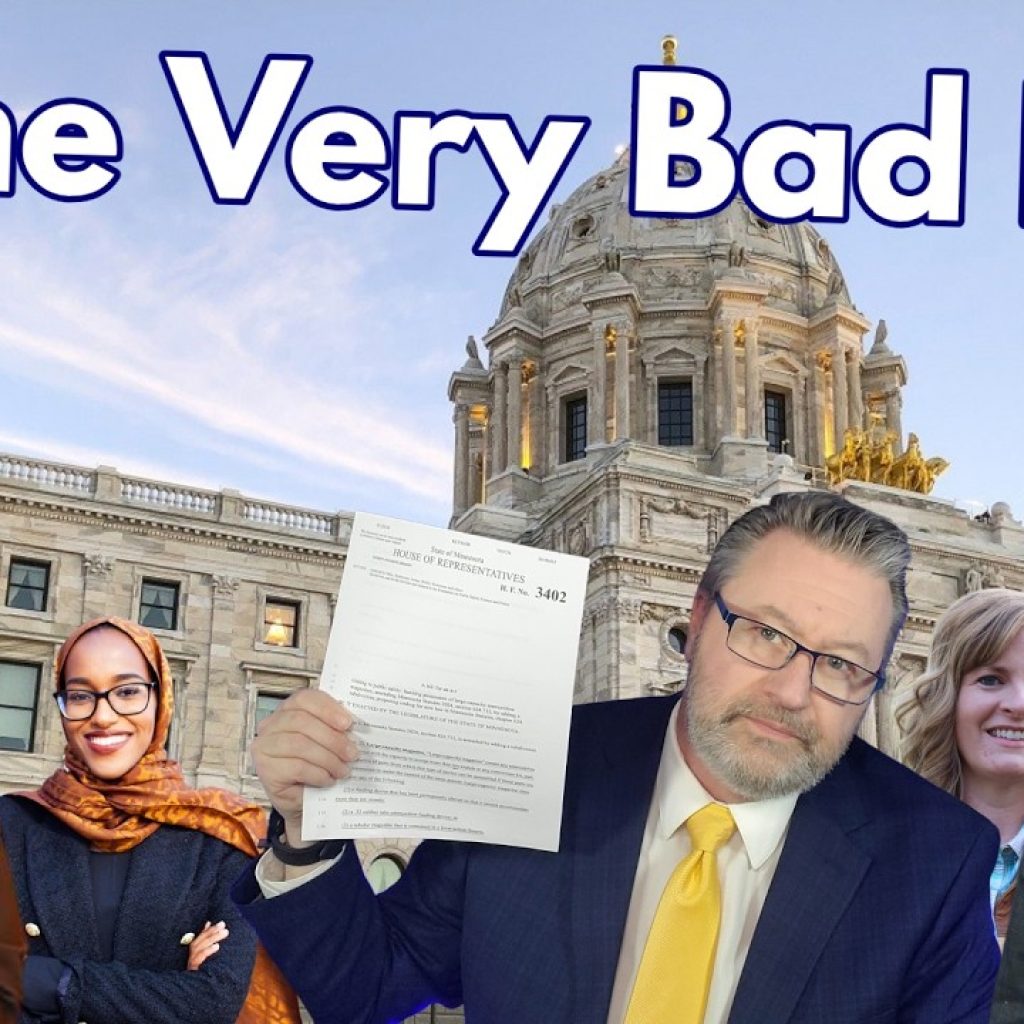 A man in a suit holds up papers in front of a government building, surrounded by four other people smiling. Text at the top reads, “Some Very Bad Bills.”.