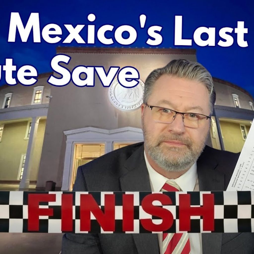 A man in a suit holds a document in front of a government building at dusk. Text reads "New Mexico's Last Minute Save" and "FINISH." A "Stream Live" icon appears in the bottom left corner.