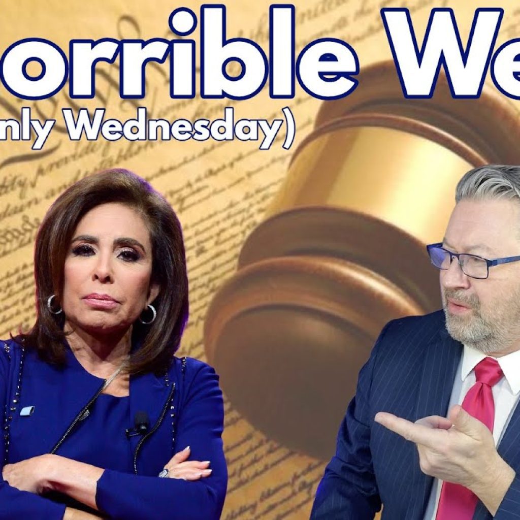 Two people in formal attire stand in front of a background featuring a large judge's gavel and document. Bold text reads, "A Horrible Week (And It's Only Wednesday)." Logo with "WK" and a state outline is at the bottom left.