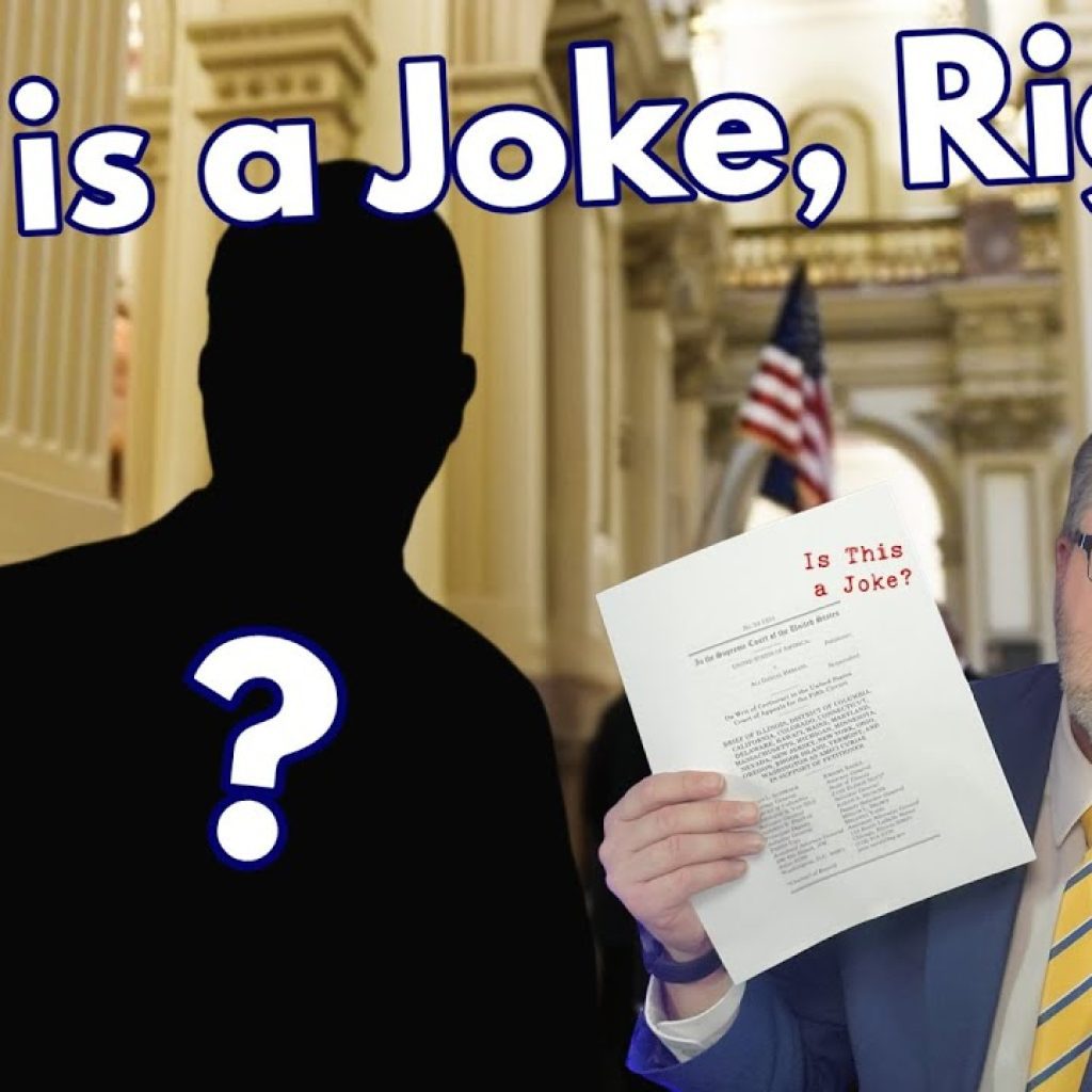 A man in a suit and glasses holds up a document titled "Is This a Joke?" in a grand hallway. Next to him is a black silhouette with a question mark. Large text above reads, "This is a Joke, Right?.