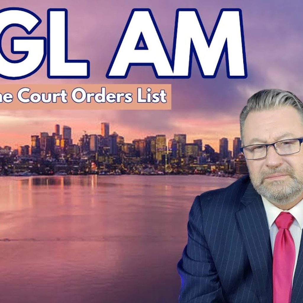 A man in a suit and red tie sits in front of a city skyline at sunset, with large text reading "WGL AM" and smaller text "The Supreme Court Orders List" above him. A logo with "WK" appears in the bottom left corner.