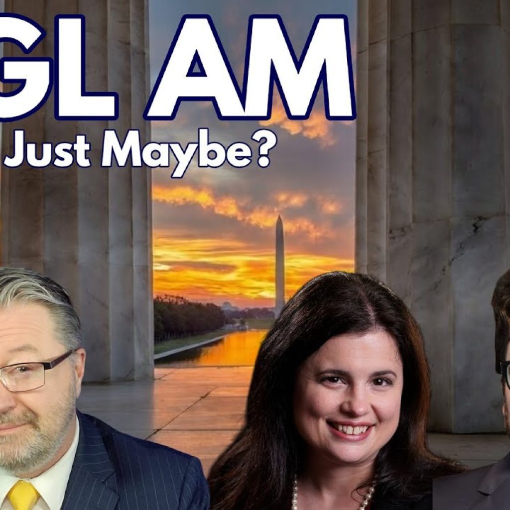 Three people in business attire are in front of a backdrop showing the Washington Monument at sunset. Large text reads "WGL AM" and below it, smaller text says "Maybe, Just Maybe?" A WK logo appears in the lower left corner.