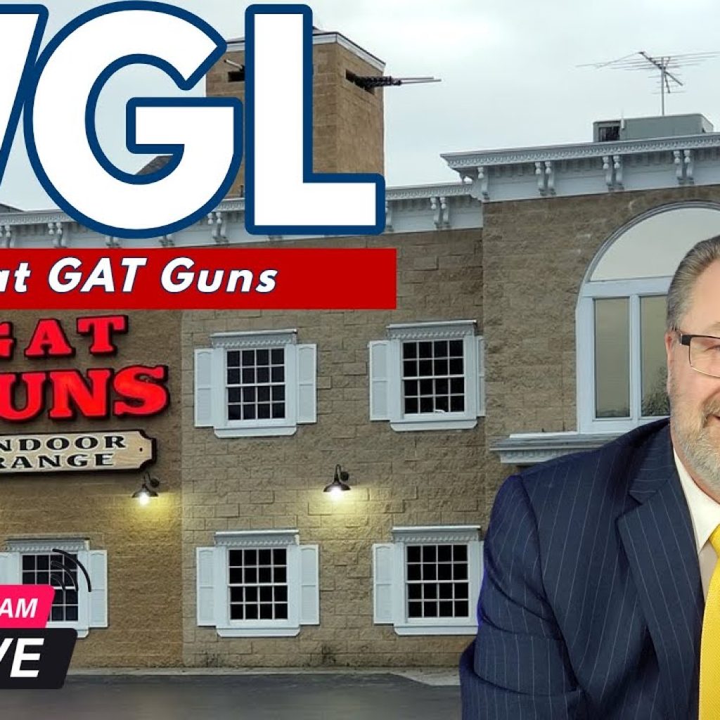A man in a suit and tie smiles in front of the GAT Guns indoor range building. Large text reads "WGL LIVE at GAT Guns." A "STREAM LIVE" icon is in the lower left corner.