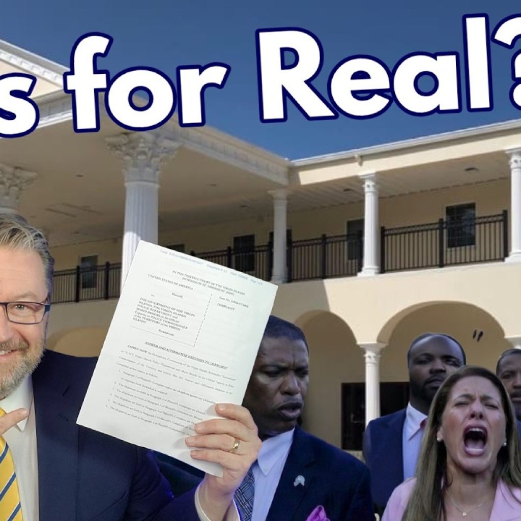 A smiling man in a suit holds up a document and points to it. Behind him is a group of people, some shouting, standing in front of a large white building. Text at the top reads, "This for Real?.