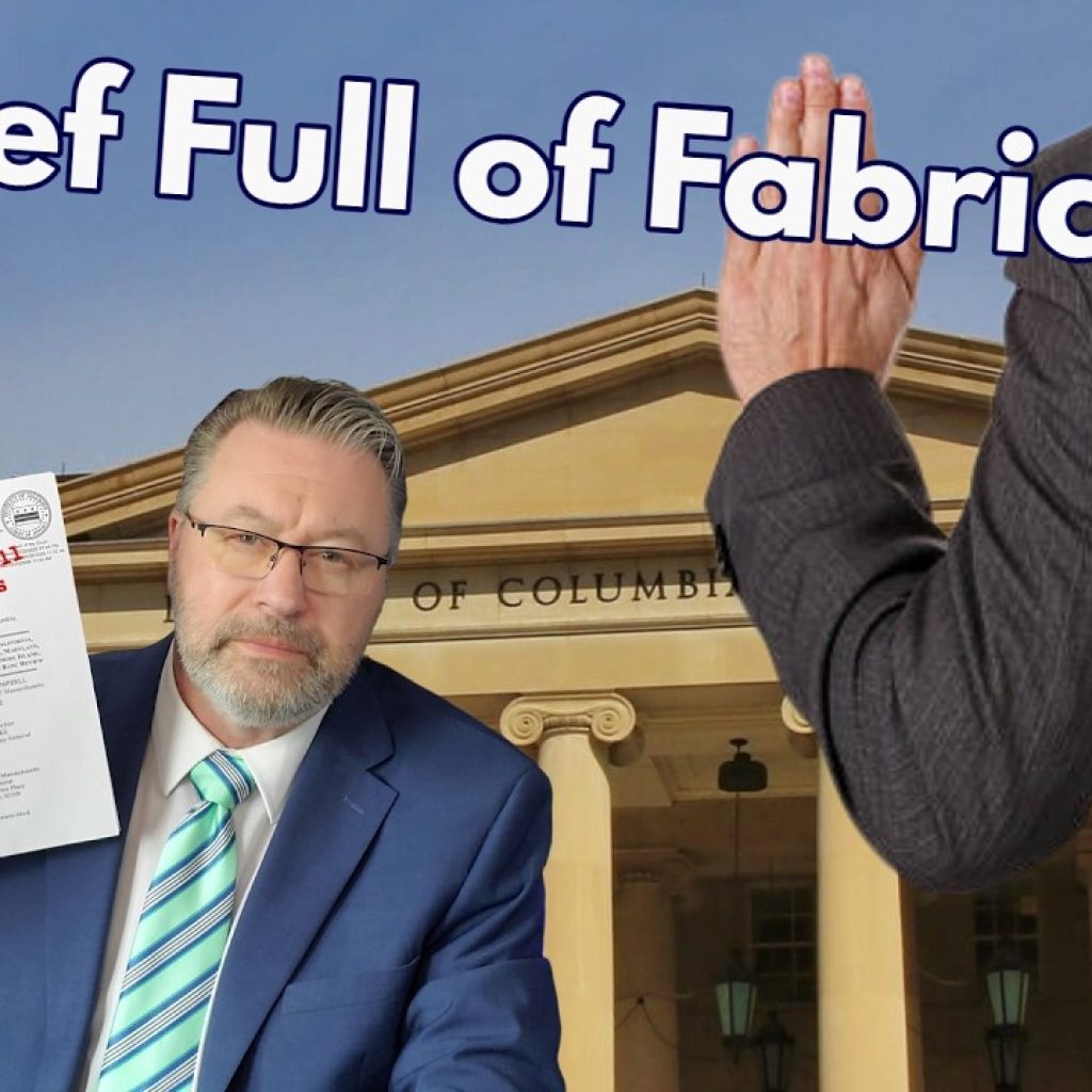 A man in a blue suit holds up a document labeled "IT'S ALL LIES" in red text. Another man, seen from behind, raises his hand as if swearing an oath. The background shows a courthouse and large text reads "A Brief Full of Fabrication.