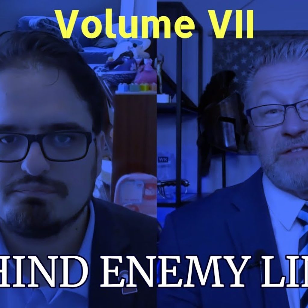 Two men in suits appear in separate video frames. One has dark hair and glasses; the other has light hair and a beard. The text reads "Volume VII" and "BEHIND ENEMY LINES." An American flag is visible behind the man on the right.