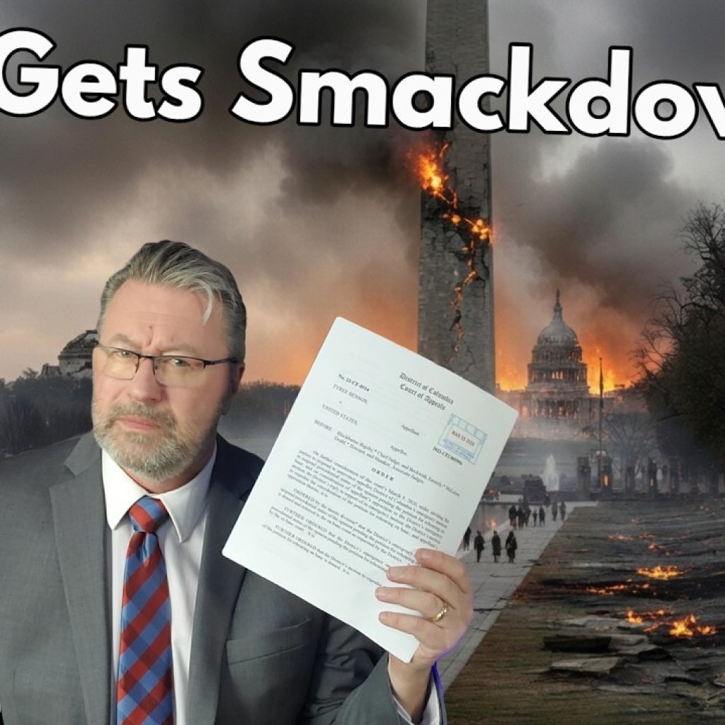 A man in a suit holds up a document, looking serious. Behind him, the Washington Monument and Capitol building appear damaged and on fire. Large text reads "D.C. Gets Smackdowned." The image has a dramatic, tense atmosphere.