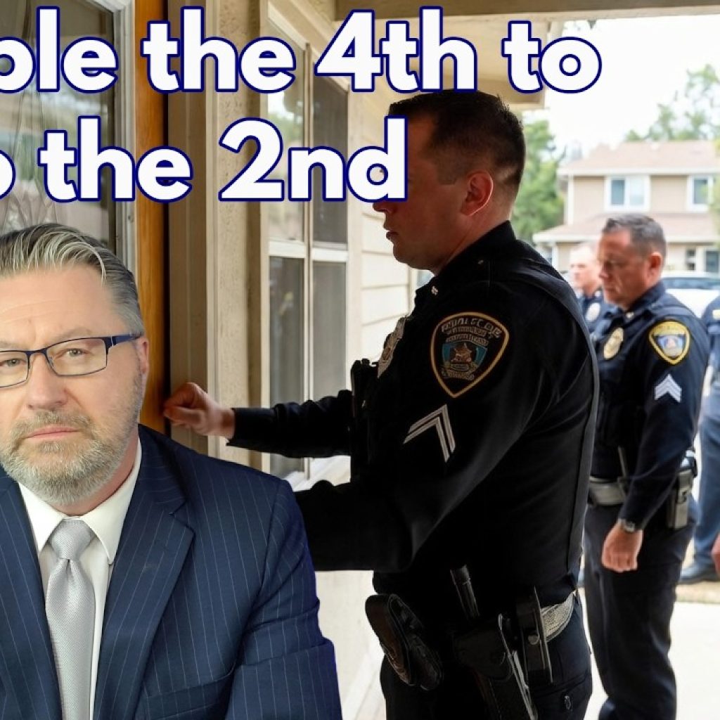 A man in a suit sits in the foreground, looking serious, while four police officers stand at a door in the background. Large text reads, “Trample the 4th to Get to the 2nd.” The WK logo is in the corner.