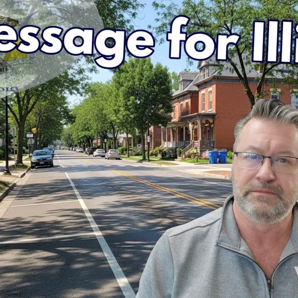 A middle-aged man with glasses and a gray shirt stands in front of a quiet suburban street with brick houses and trees. Large text reads "A Message for Illinois" with the Illinois state flag in the background.
