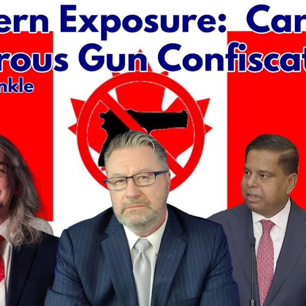 Four people in suits are shown in front of a stylized Canadian flag with a crossed-out gun sign. Text reads: "Northern Exposure: Canada's Disastrous Gun Confiscation With Ian Runkle." A "Stream Live" icon appears on the right.