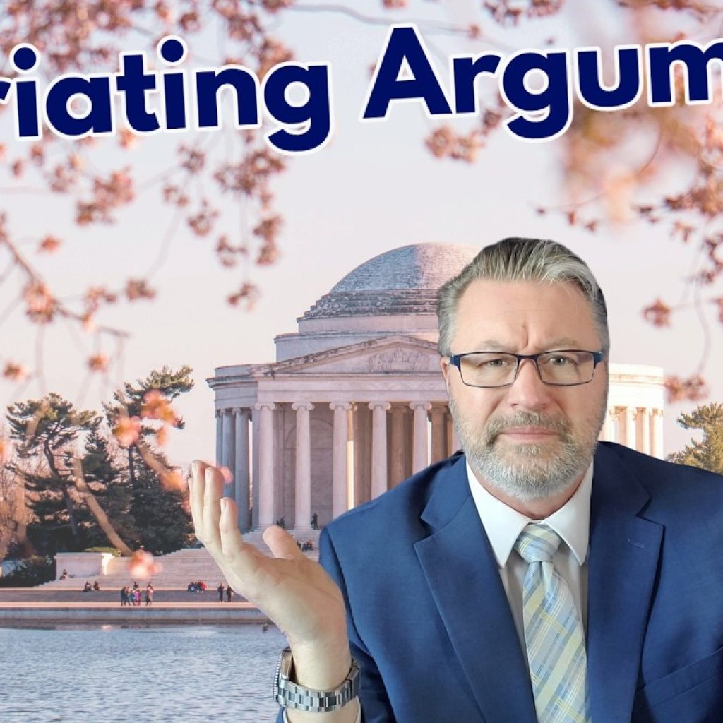 A man in a suit and glasses shrugs with a frustrated expression in front of the Jefferson Memorial and cherry blossoms, with the text "Infuriating Arguments" at the top. The WK logo appears in the lower left corner.