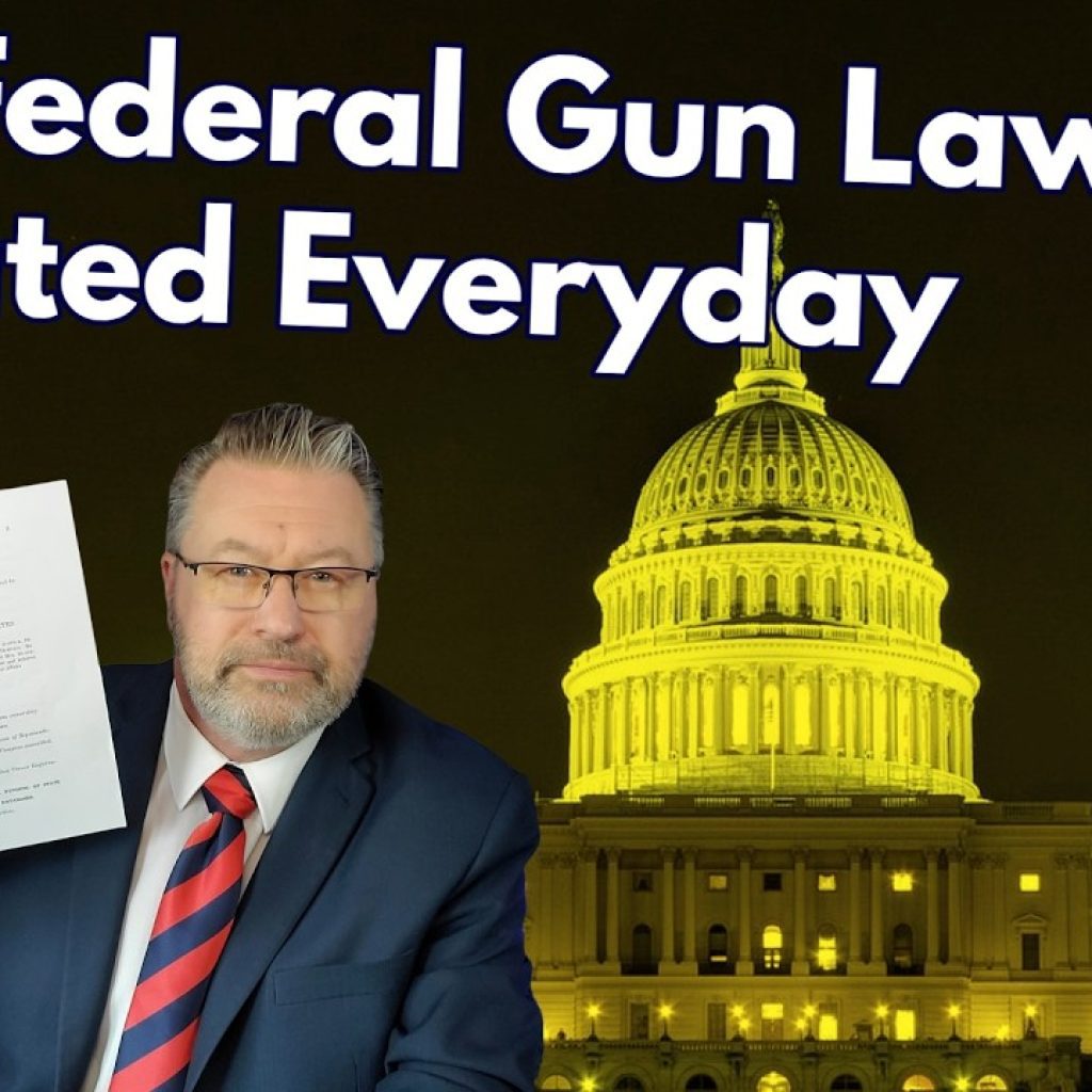 A man in a suit and red striped tie holds up a document in front of the U.S. Capitol at night. Large text reads: "The Federal Gun Law Violated Everyday." The initials "WK" appear in the lower-left corner.